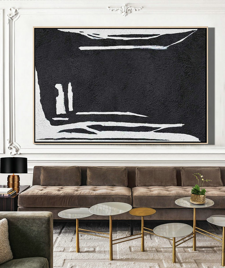 Modern Paintings On Canvas,Hand Painted Oversized Horizontal Minimal Art On Canvas, Black And White Minimalist Painting - Acrylic Painting On Canvas
